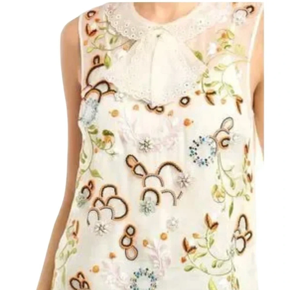 Tory Burch SZ 12 Floral‎ Embroidered Beaded Silk Top Lace Peter Pan Collar Ivory
